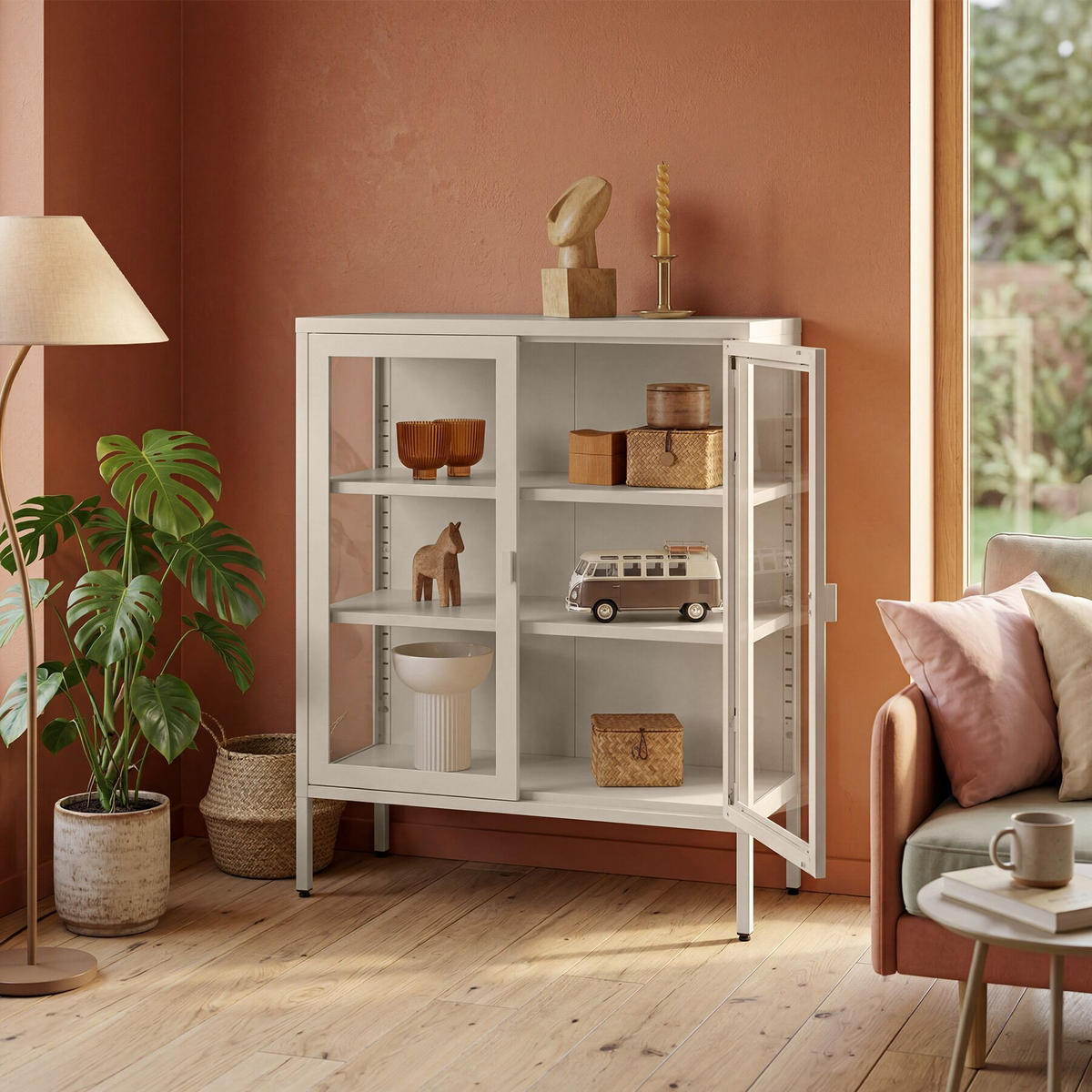 METALLVITRINE Baker, Kippschutz, höhenverstellbare Füße, taupe - Taupe, Metall (80/90.5/37cm) - tectake