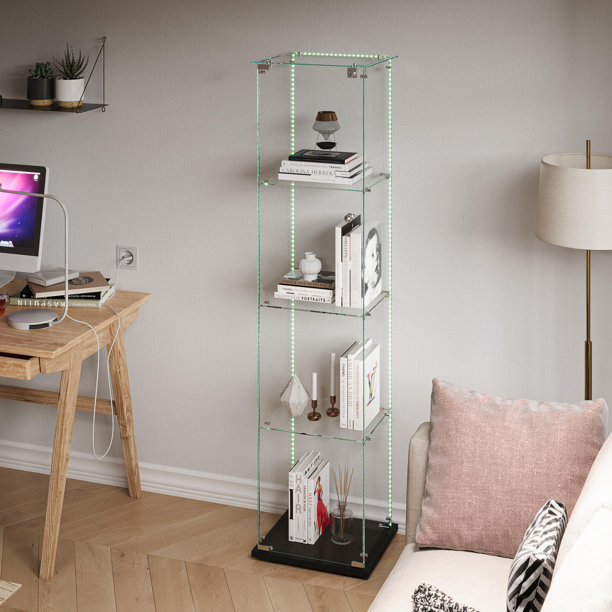 GLASVITRINE mit 4 Ablagen, LED-Lichtleiste, Doppeltüren, Schwarz - Schwarz, Glas (39.8/163/35cm) - BRILVERDE