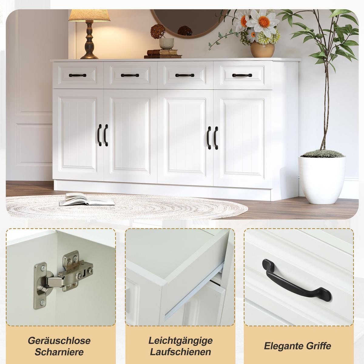 SIDEBOARD in Weiß Kommode mit verstellbarer Einlegeboden für Flur, Wohn-, Büros, B160/T35/TH80cm - Weiß/Naturfarben, Holzwerkstoff/Metall (160/80/35cm) - STILVORA