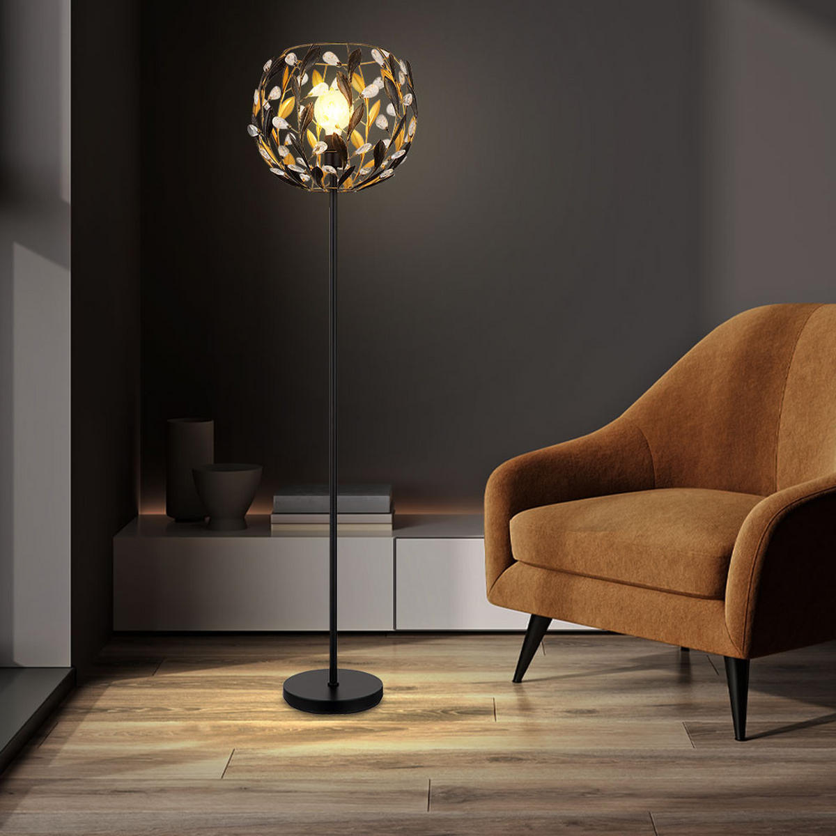LED STEHLEUCHTE MIKA Schwarz Gold - Schwarz, Metall (40/40/157cm) - Globo Lighting