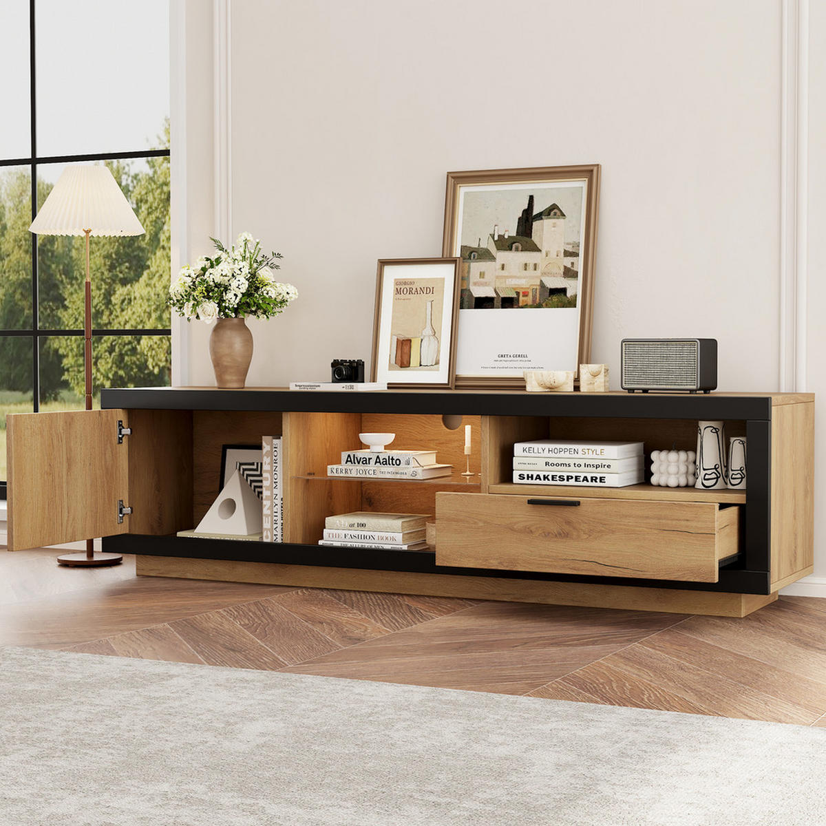 TV-SCHRANK Modern Lowboard LED-Beleuchtung Glasböden Schwarz-Eiche - Schwarz, Holz (50.8/14.61/74.3cm) - FLIEKS