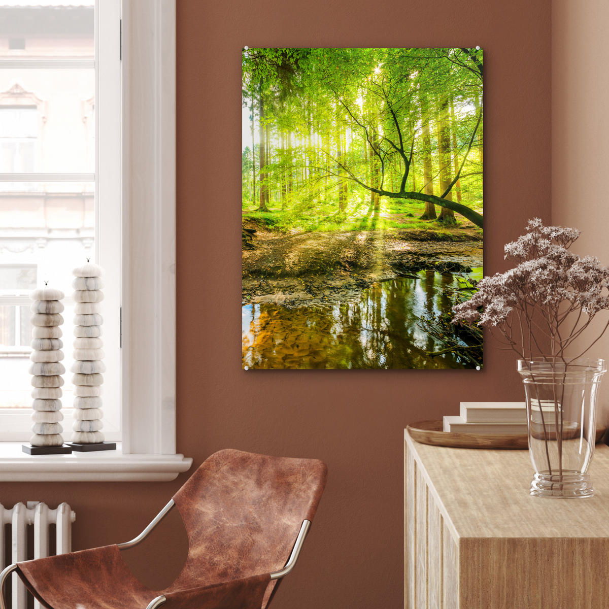 ACRYLGLASBILD Wald - Landschaft - Wasser - Bäume - Sonne - Grün - Natur 60x80 cm - Grün, Glas (60/80cm) - MuchoWow