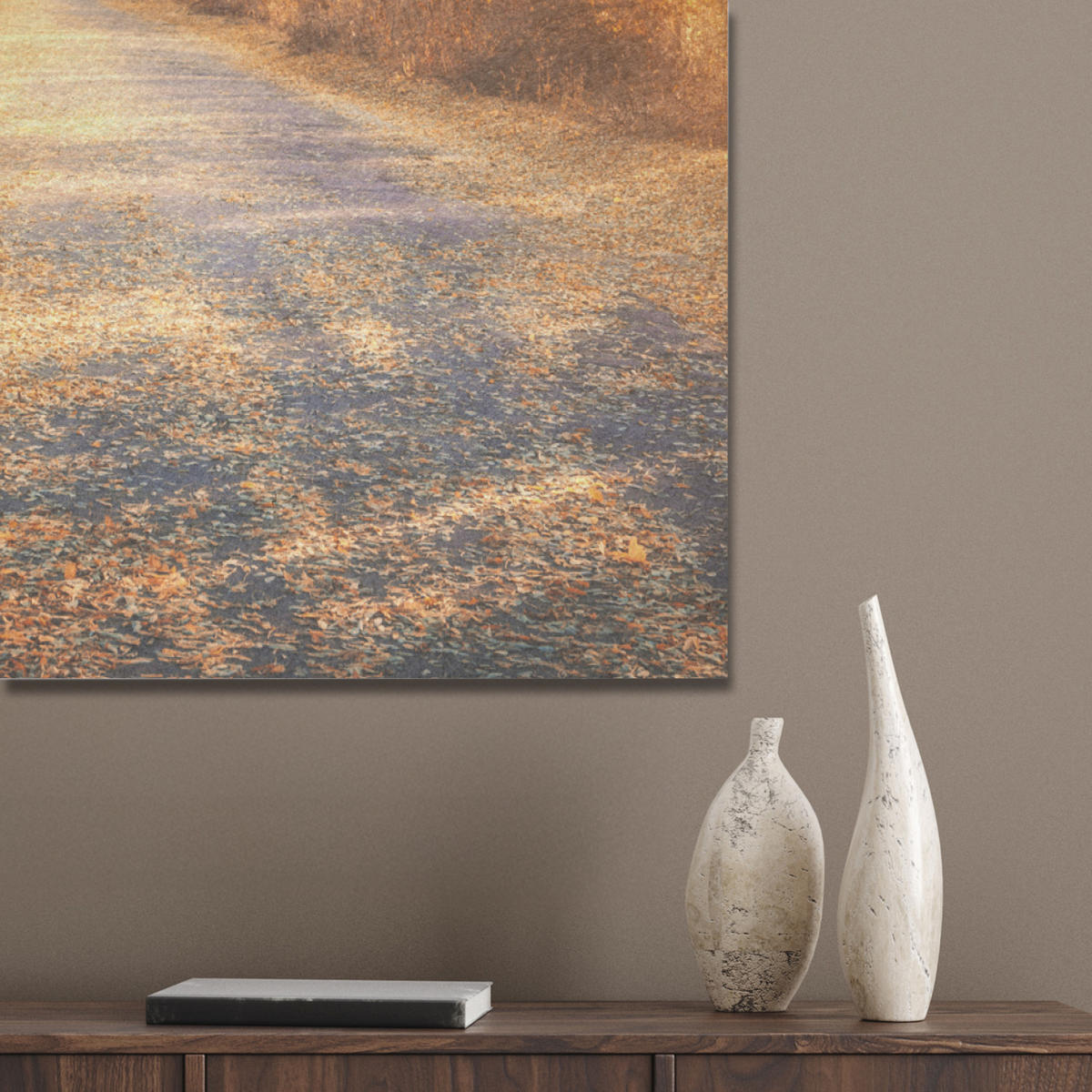 AKUSTIKPANEEL Wald - Herbst - Bäume - Waldweg - Natur 70x100 cm - Bernsteinfarben, Textil (70/0.9/100cm) - MuchoWow