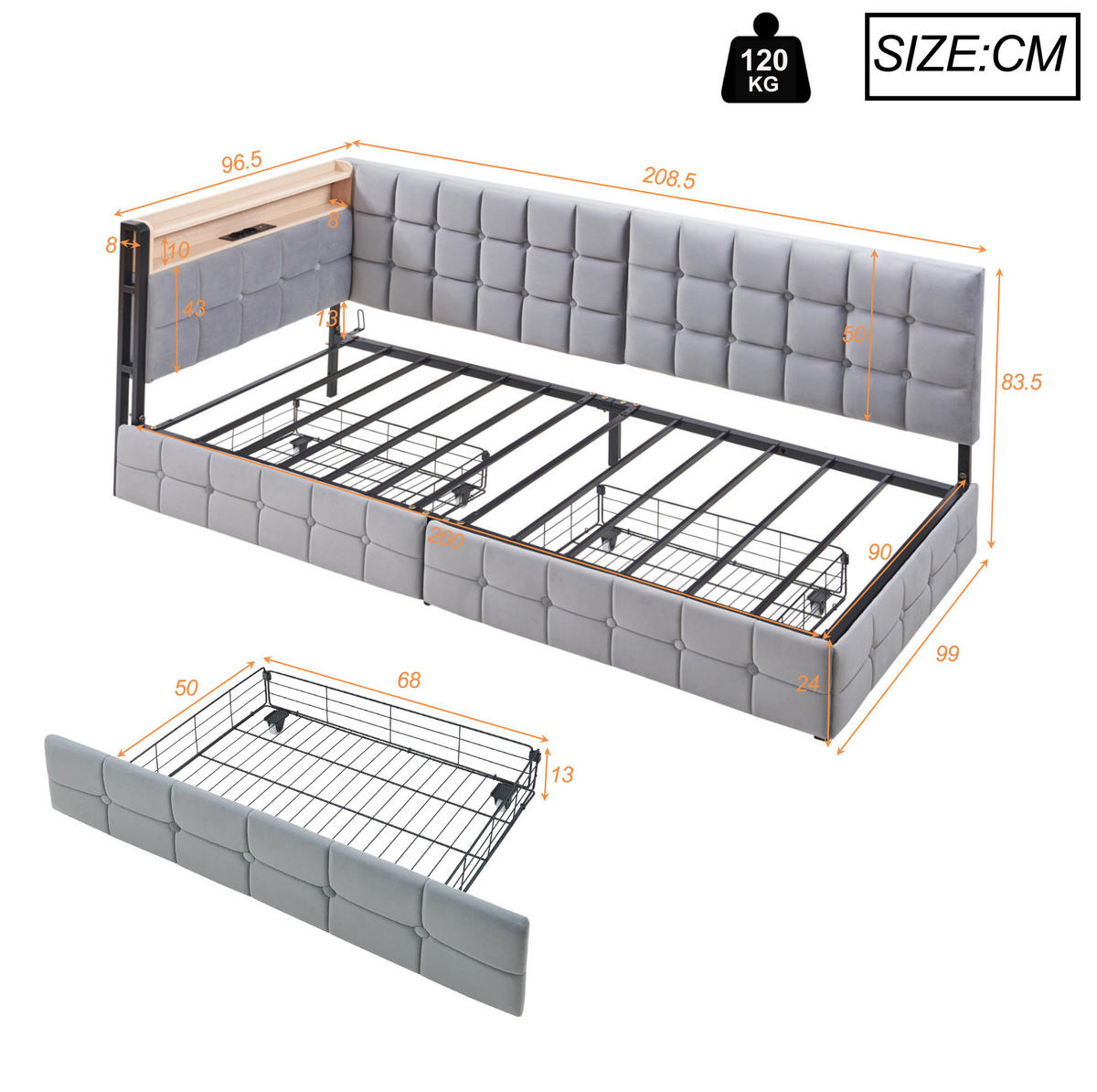 POLSTERBETT 90/200 cm Grau aus Samt mit 2 Schubladen - Grau, Textil (90/200cm) - OKMYHOME