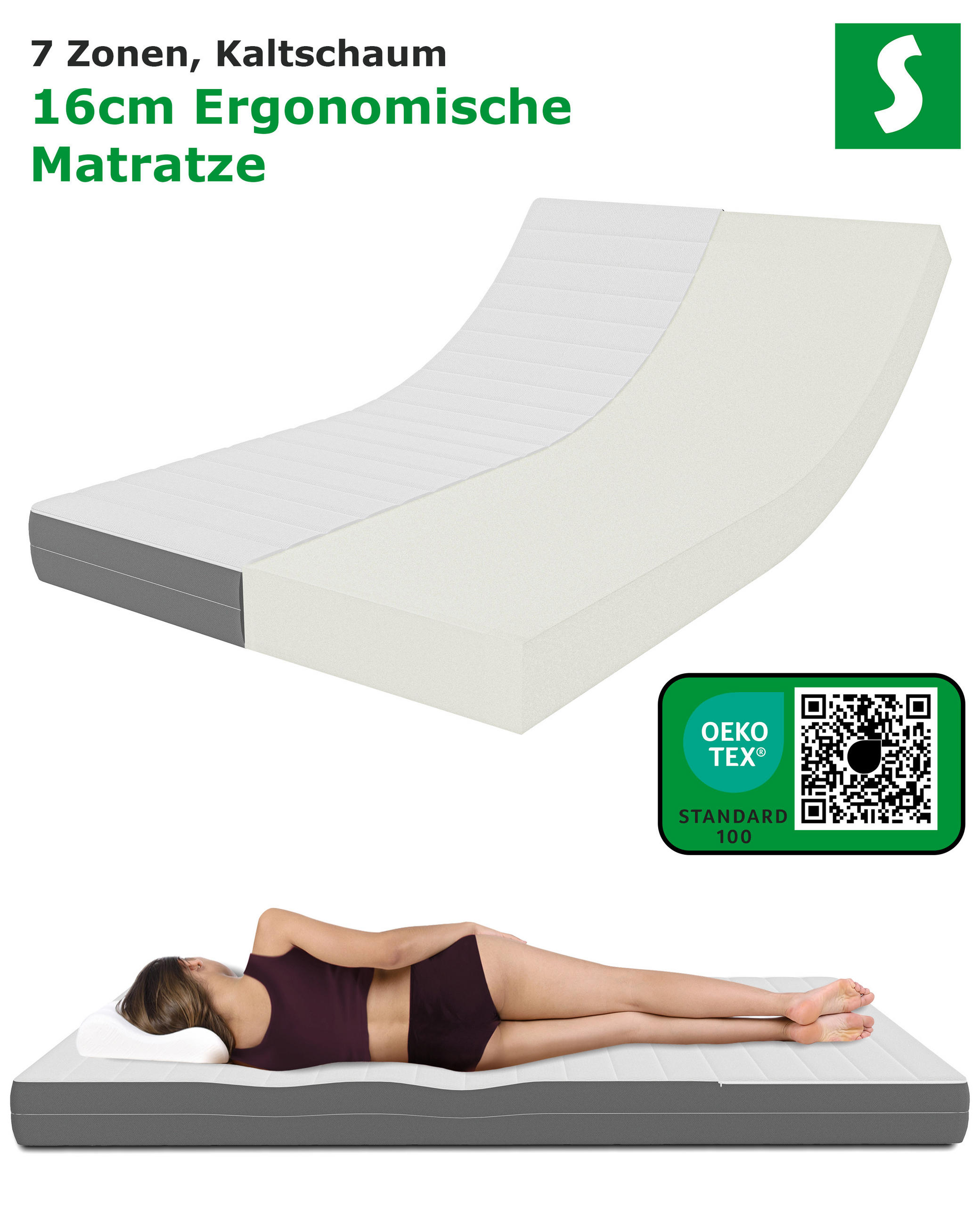 ORTHOPÄDISCHE 7 Zonen Bett Matratze Höhe 17 cm 90 x 200 cm - Weiß, Textil (90/200cm) - Schlaftroll