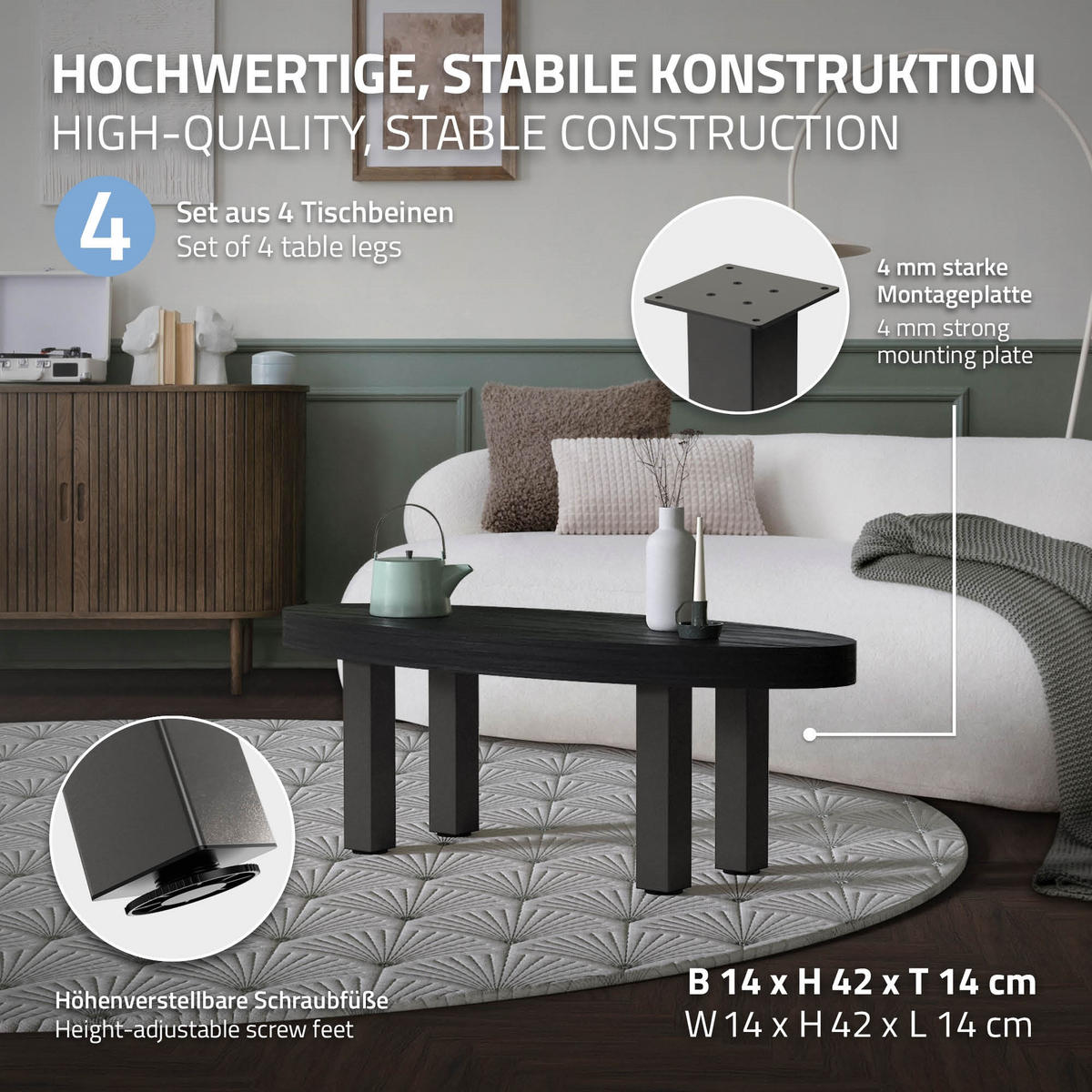 TISCHBEINE 4er Set I-Design H:42 cm Dunkelgrau 8x8 cm - Dunkelgrau, Metall (8/42/8cm) - ML-DESIGN