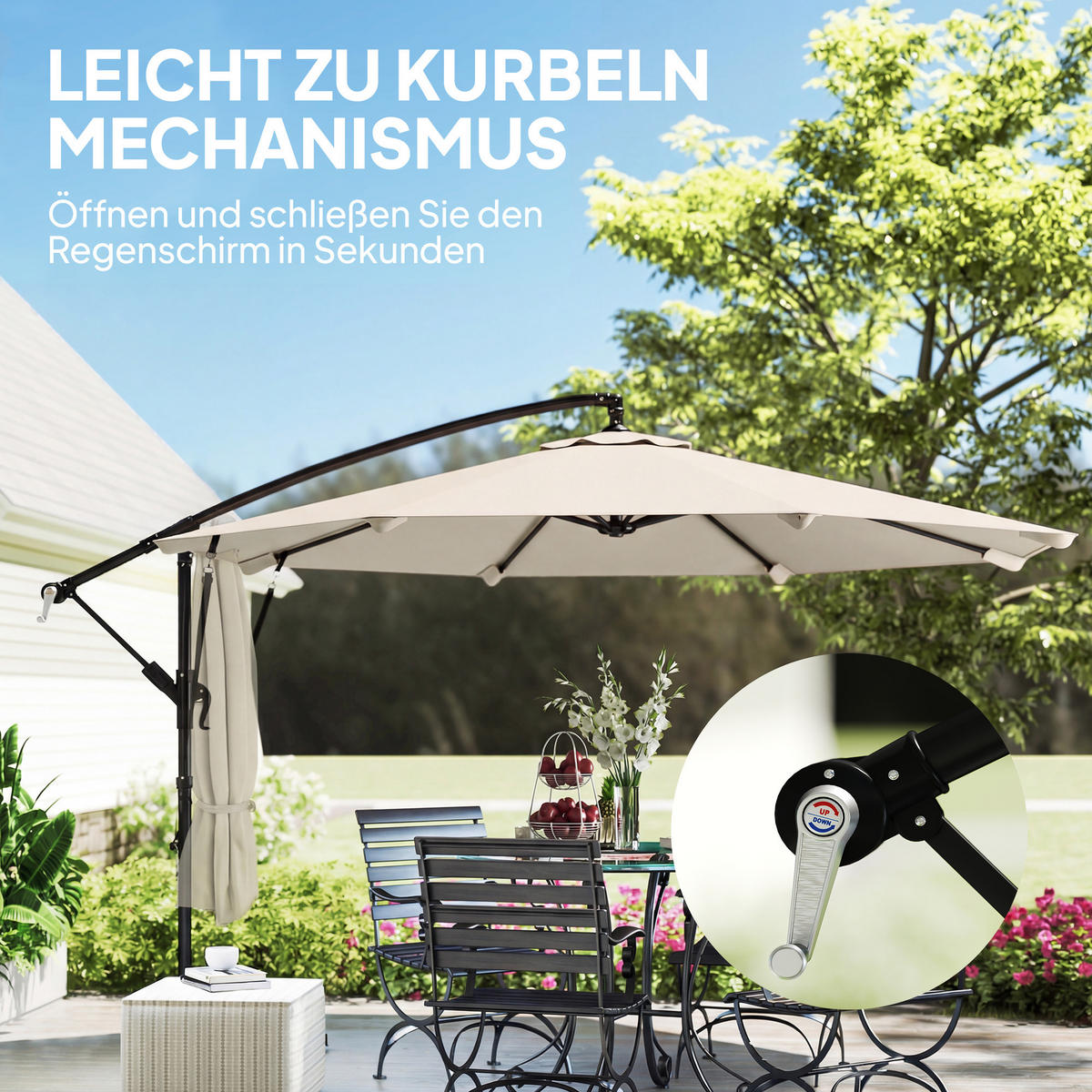 AMPELSCHIRM DE-05617 Neigbar mit Kurbel, Windseilen & Schutzhülle Cremeweiß - Creme, Textil/Metall (295/295cm) - ComfortXL