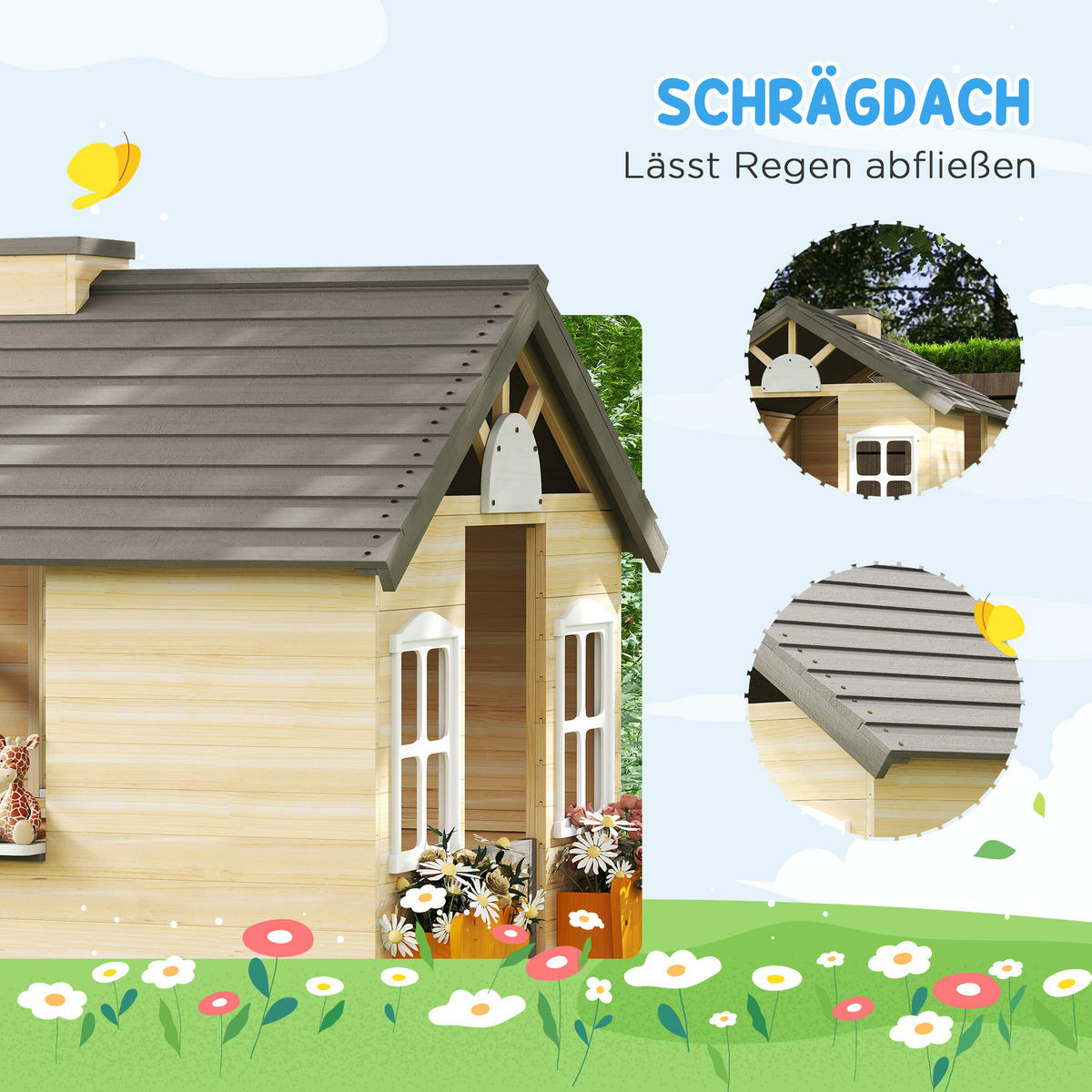 SPIELHAUS für Kinder Holz Kinderspielhaus mit Fenster Briefkasten Holzspielhaus - Naturfarben, Holz (94/134.5/113cm) - Outsunny