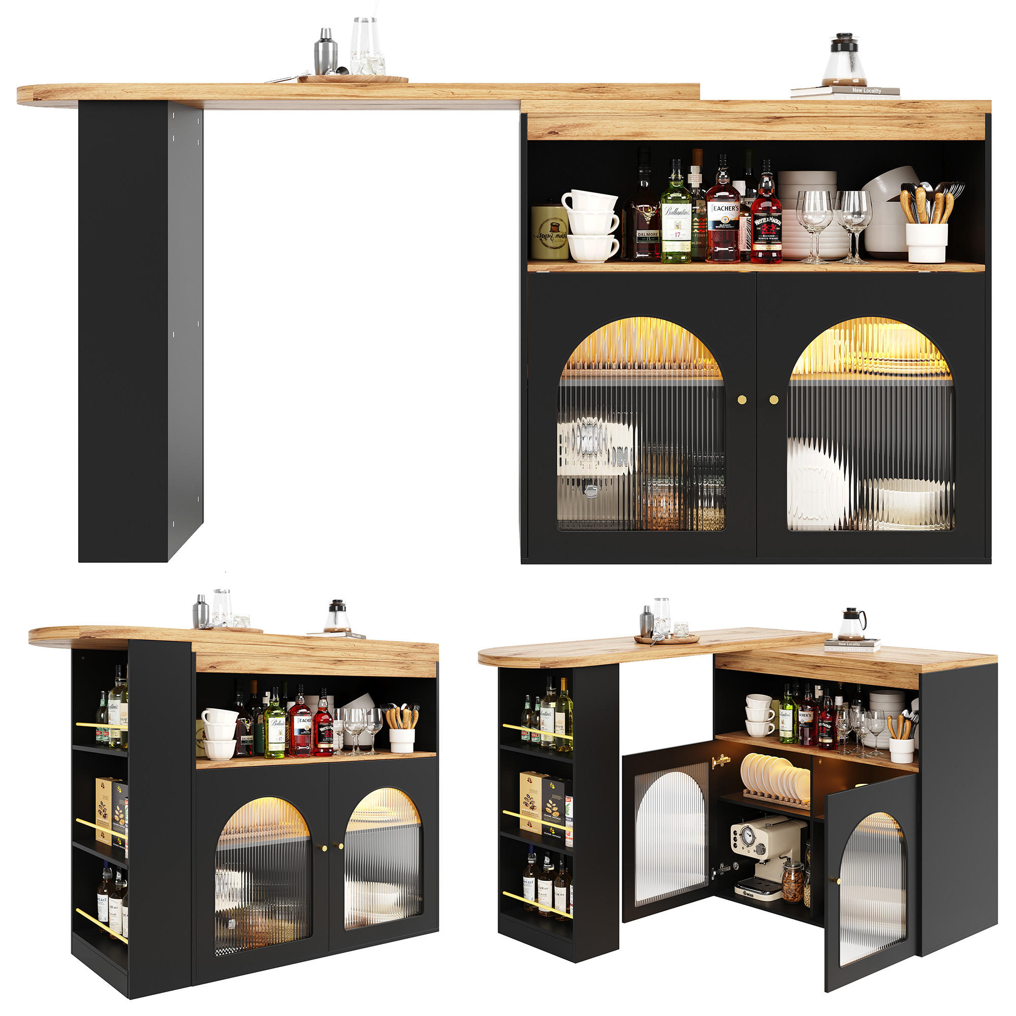BARTISCH mit LED Beleuchtung, drehbarem Bar-Schrank mit dreistufigem Stauraum, Glasfront und ausziehbarer Stehtischfunktion, schwarz - Schwarz, Holzwerkstoff (193/39/105cm) - Luhomfu