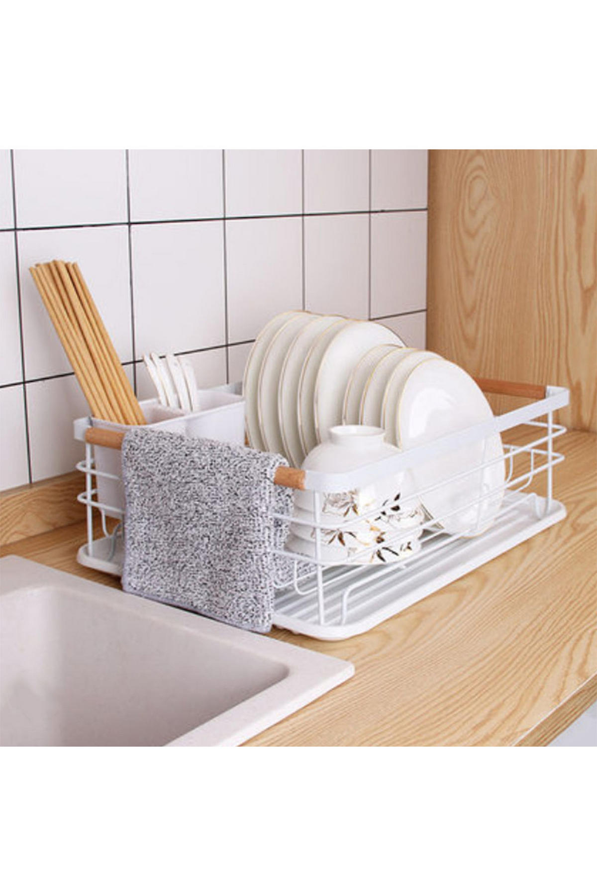 GESCHIRRABTROPFGESTELL in Weiß aus Kohlenstoffstahl PP Holz mit Holzgriff Einfache Reinigung Saubere Arbeitsplatte 43 x 30,5 x 14 cm - Weiß, Metall (43/14/30.5cm) - Livingandhome