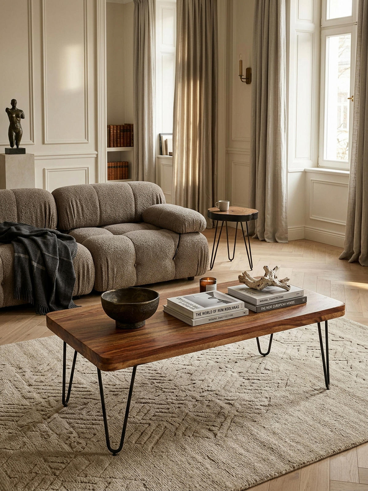 COUCHTISCH aus Massivholz mit Metallbeinen, handgefertigt, einzigartige Maserung, Braun 115x60x40 cm - Schwarz/Braun, Holz/Metall (60/115/40cm) - KADIMA DESIGN