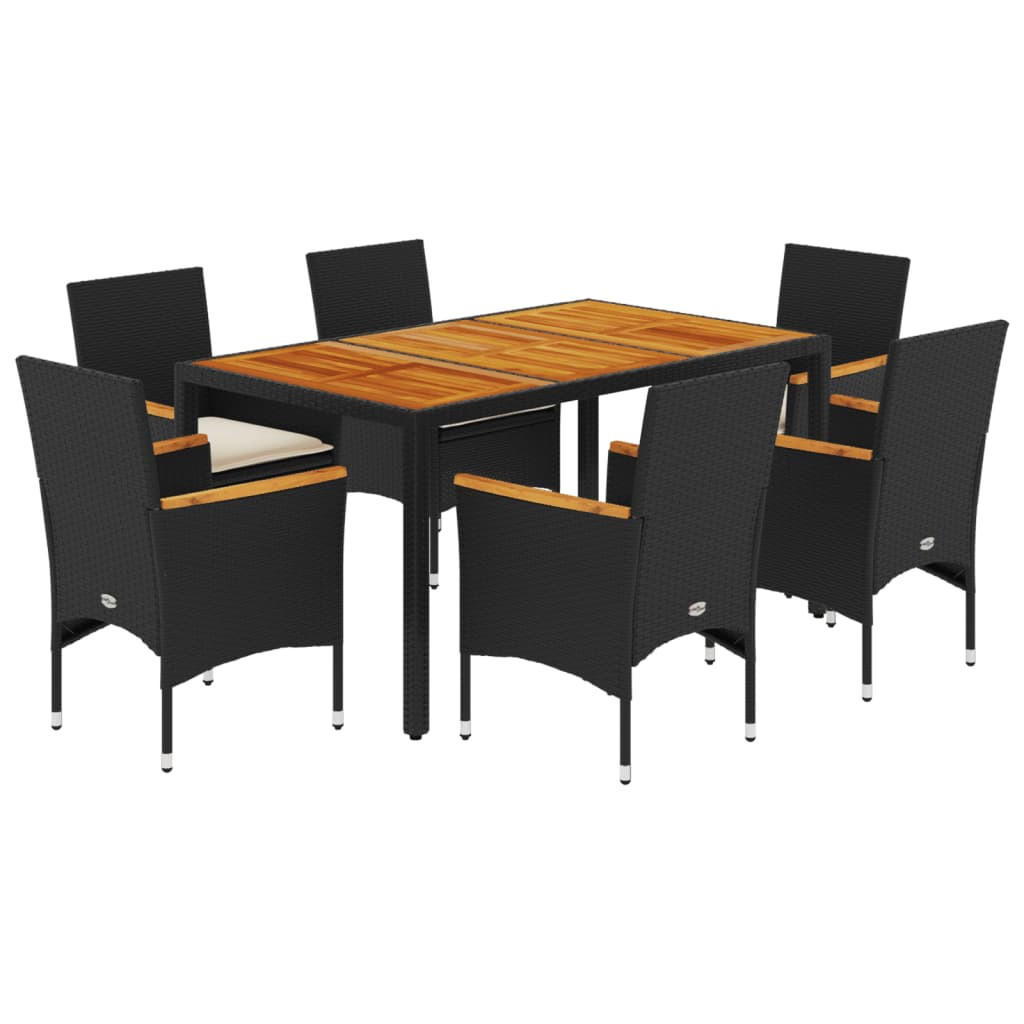 GARTEN-ESSGRUPPE 7-TLG. Mit Kissen Schwarz Poly Rattan Akazie - Schwarz, Kunststoff - vidaXL