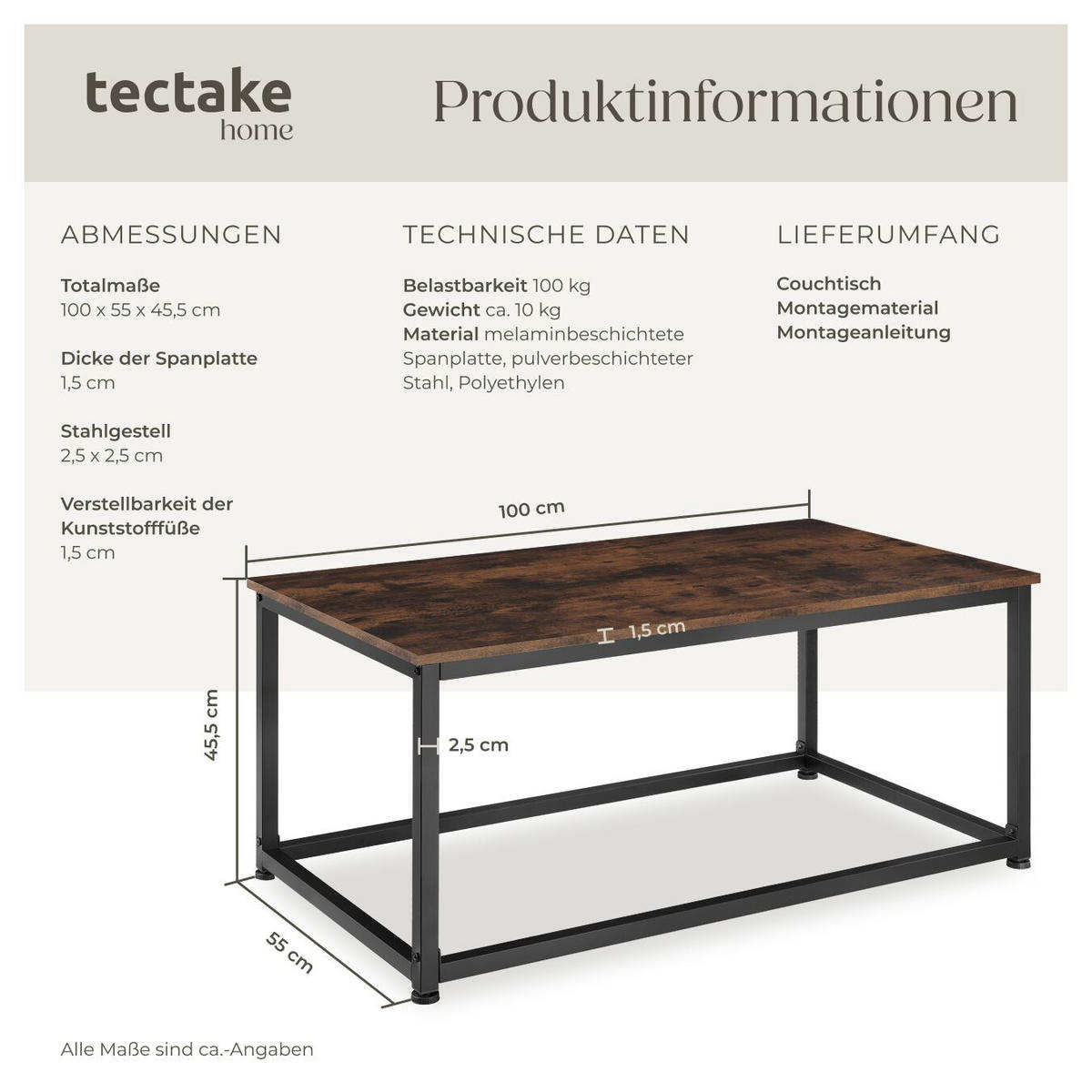 COUCHTISCH Lynch,100 x 55 x 45,5 cm,Industrial Holz dunkel, rustikal - Rostfarben, Holzwerkstoff (100/55/45.5cm) - tectake