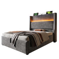BETT 90/200 cm Grau mit hohem Kopfteil LED-Beleuchtung und Stauraum - Grau, Textil (90/200cm) - OKWISH