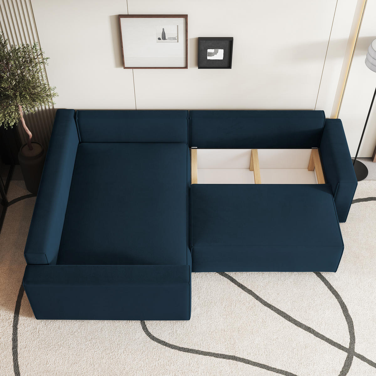 ECKSOFA ERONIS L-S Blau Velours-Stoff mit Schlaffunktion - Blau, Holz (265/194cm) - MASSENO