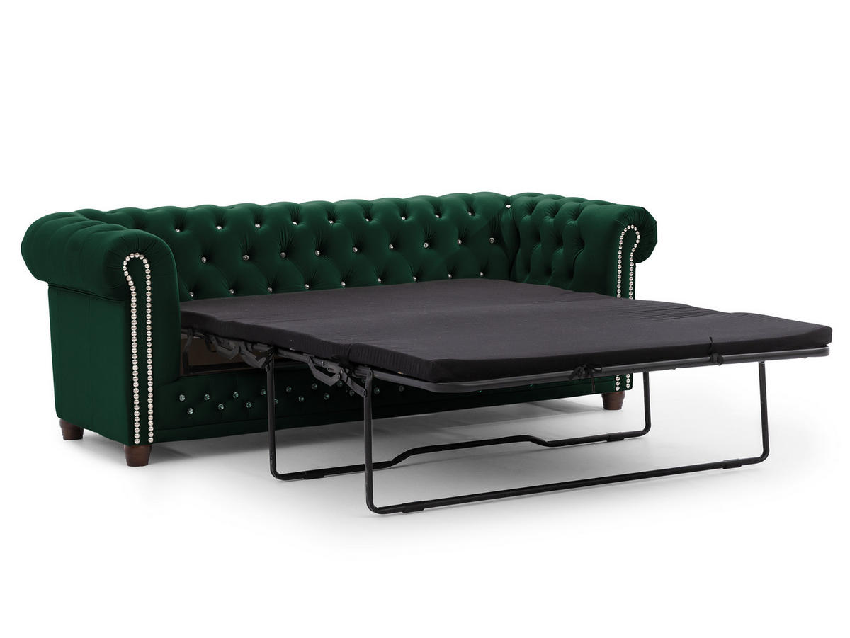 CHESTERFIELD-SOFA 3-Sitzer mit Schlaffunktion Cleo Blink Flasche Grün Samt mit Kristallsteppung und braunen Massivholzfüßen - Braun/Grün, Holz/Textil (203/72/86cm) - S-Style Möbel