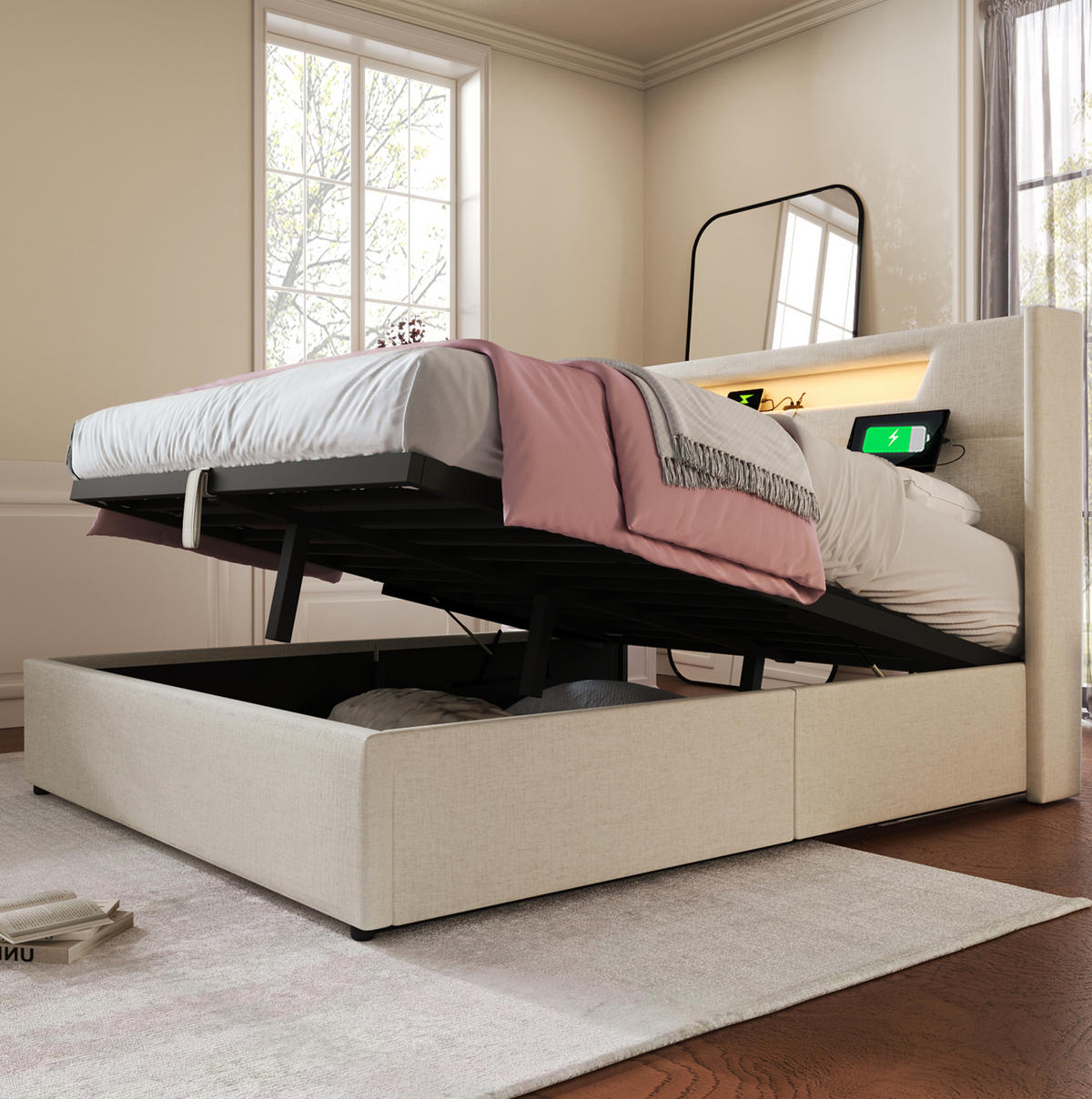 POLSTERBETT mit LED, USB und Stauraum 160x200 cm Leinen Beige - Beige, Metall (160/200cm) - Meubliv