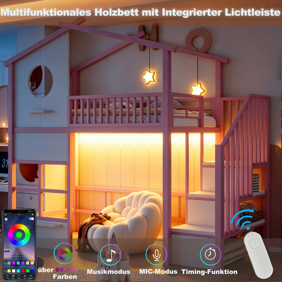HOCHBETT aus Metall 90x200 cm Weiß/Rosa mit Stauraumtreppe, LED-Lichtband und Hausdesign - Weiß, Metall (90/200cm) - Modfu