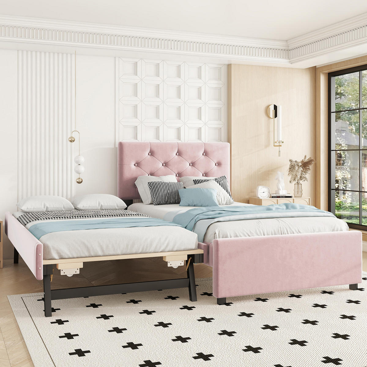 SAMT-POLSTERBETT 90/200 cm in Rosa mit Rollbett und gepolstertem Kopfteil - Rosa, Textil (90/200cm) - BEAOK