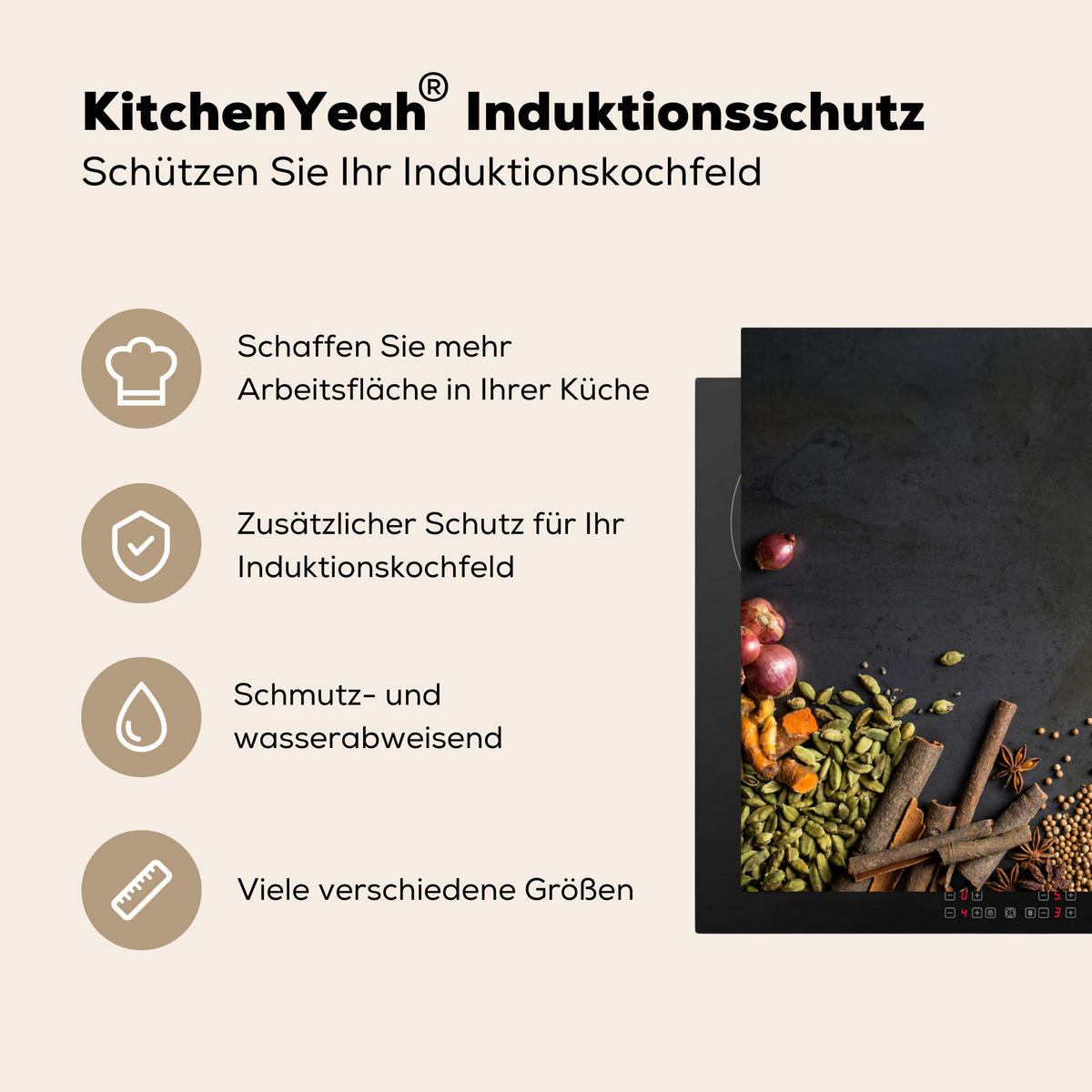 HERDABDECKPLATTE Kräuter - Lebensmittel - Gewürze - Schwarz - Paprika - Zimt 77x51 cm - Currygelb, Kunststoff (77/51/0.2cm) - MuchoWow