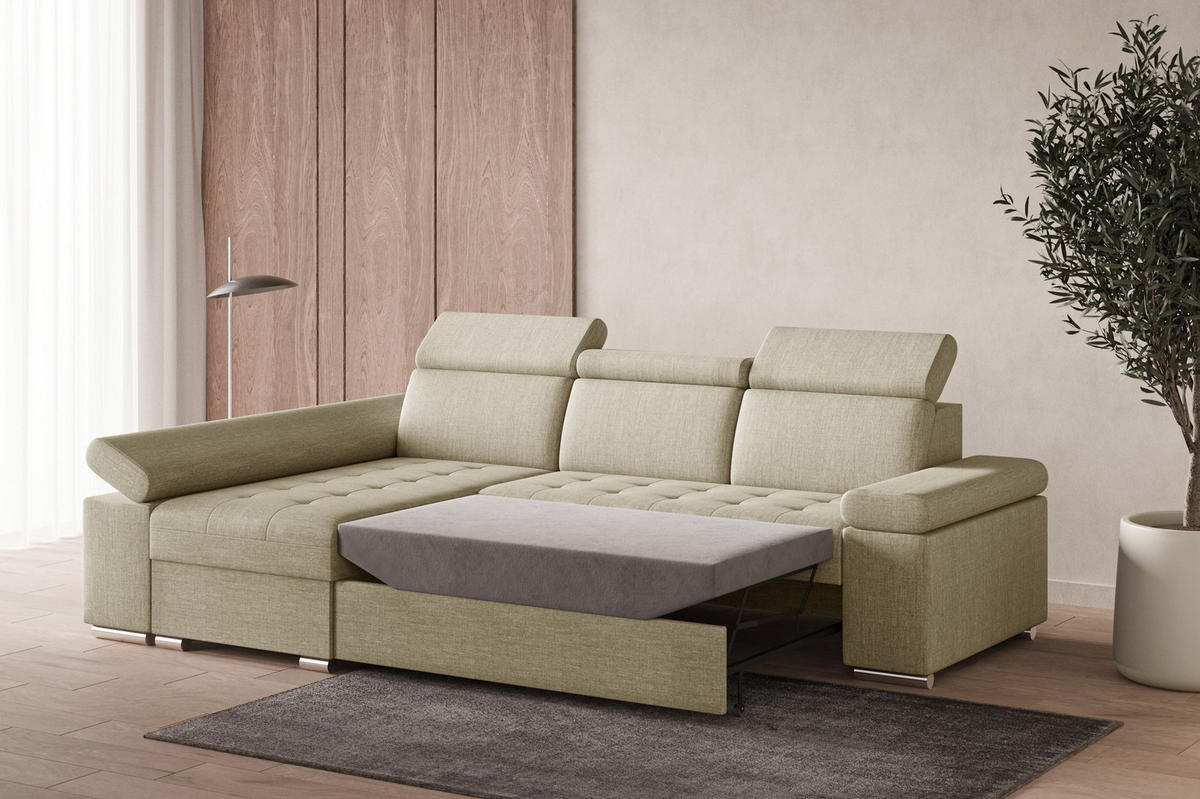 ECKSOFA mit Schlaffunktion Luka L Twist 01 - Beige - Rechts - Beige/Silberfarben, Holzwerkstoff (260/168cm) - Möblo