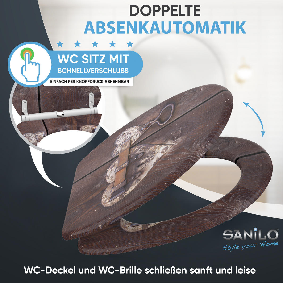 WC-SITZ mit Absenkautomatik & Top Fix Türschloss - Braun, Holzwerkstoff (37.7/5.5/48cm) - Sanilo