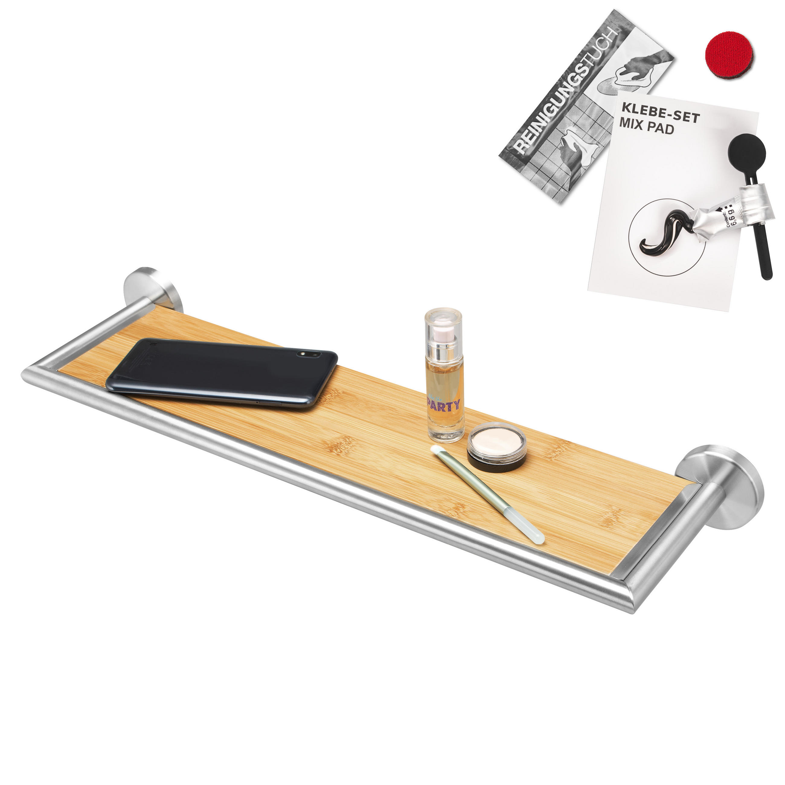 WANDABLAGE PIAZZA, Edelstahl und Bambus, inkl. Klebeset - Braun, Metall (53.5/6/14cm) - bremermann