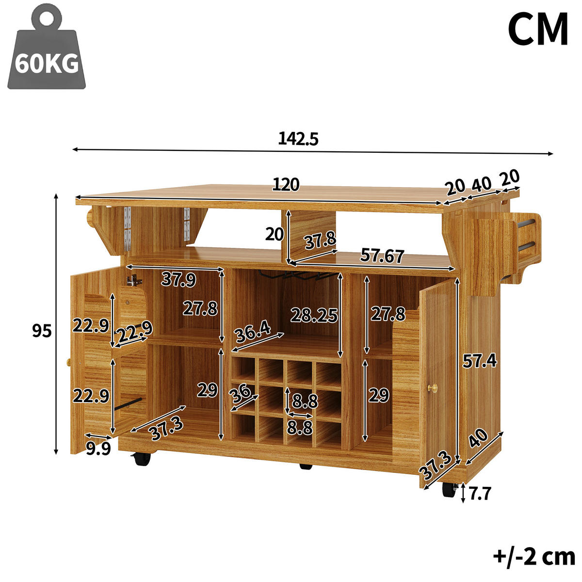KÜCHENINSEL Weinregal Stauraum Dunkelbraun - Dunkelbraun, Holzwerkstoff (142.5/95/80cm) - FLIEKS