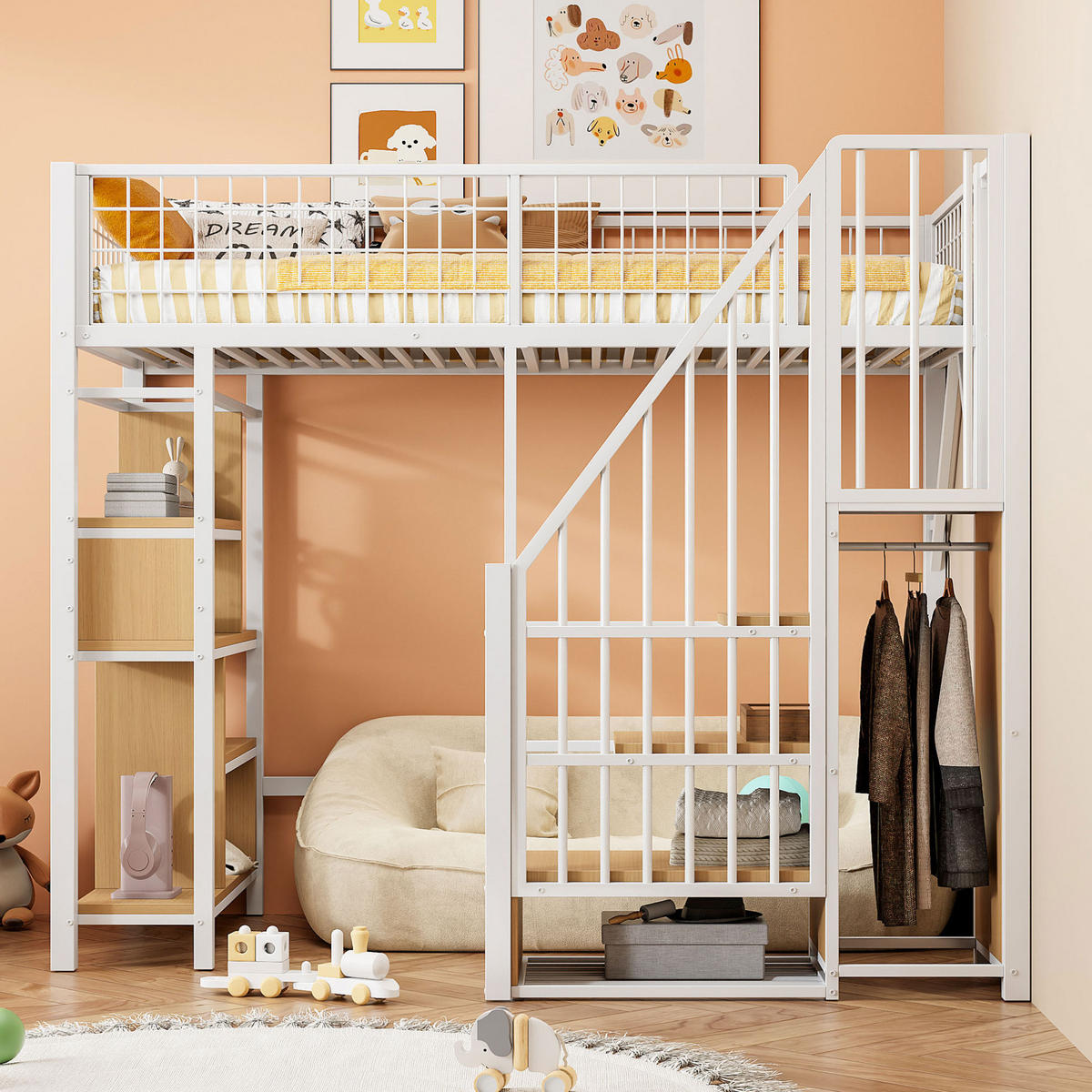 HOCHBETT 90/200 cm Weiß aus Metall und Holz mit Stauraumtreppe - Weiß, Metall (90/200cm) - OKMYHOME