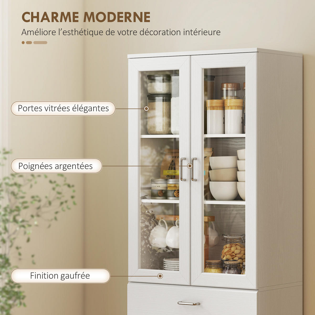 HIGHBOARD DE-11261 2 Glastüren & Schublade mit verstellbaren Böden Weiß - Weiß, Holzwerkstoff (35/180/60cm) - ComfortXL