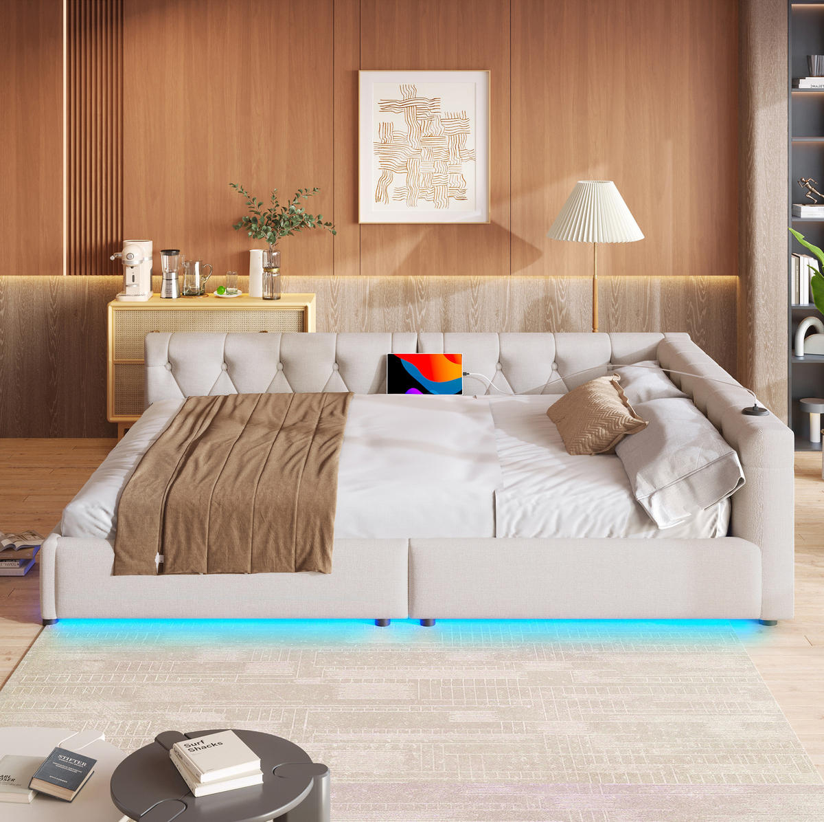 POLSTERBETT 140/200 cm mit LED-Beleuchtung, USB- und USB-C-Anschluss, Lattenrost und Knopfheftung, Beige - Beige, Textil (140/200cm) - Redom