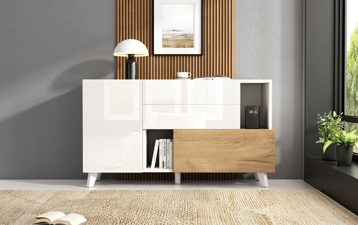 SIDEBOARD 130/40/70 cm, Weiß hochglänzend mit Hell-Eiche Akzenten, 2 Schubladen und Türen, skandinavischer Minimalismus, Weiß und Licht Eiche - Weiß, Holzwerkstoff (130/70/40cm) - Redom