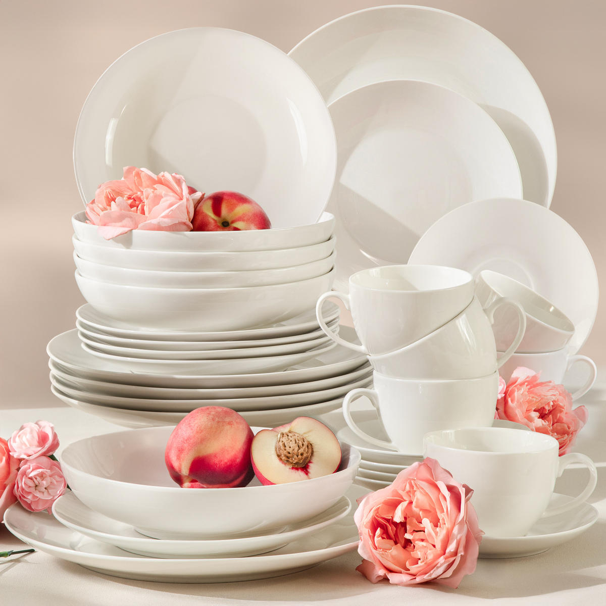KOMBISERVICE 6 Personen AD BELLA 30-tlg,Porzellan, ecru - Ecru, Keramik (26/2.5/26cm) - KONSIMO®