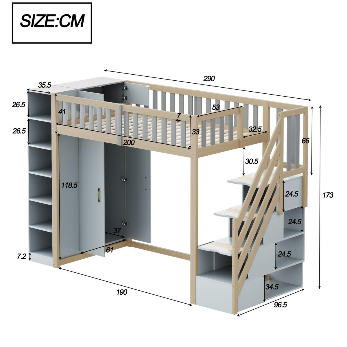 HOCHBETT 90/200 cm mit Kleiderschrank, Regalen und Stauraumleiter, Grau/Natur - Grau, Holzwerkstoff (90/200cm) - Redom