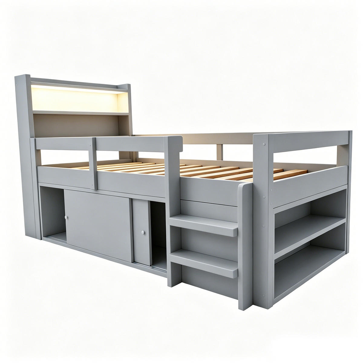 HOCHBETT 90/200 cm in Grau aus Holz mit LED, USB, Stauraum und Schutzgittern - Grau, Holz/Holzwerkstoff (90/200cm) - WISHDOR