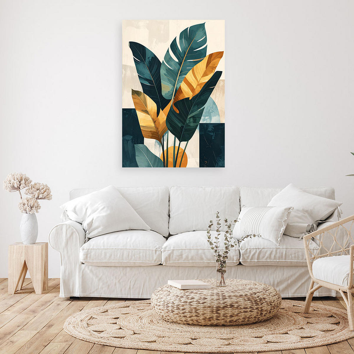 BILD auf Leinwand, Exotische Blätter in Grün- Gold- und Beigetönen - Grün, Textil (80/120cm) - Feeby