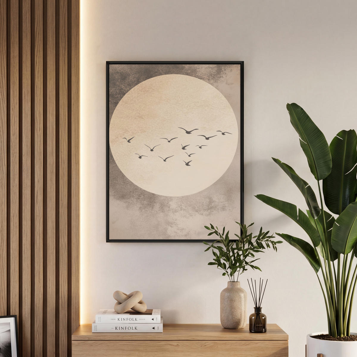 LEINWAND Bilder mit Rahmen - Vogel - Beige - Japanisch - 50x70 - Taupe, Textil (50/70cm) - MuchoWow