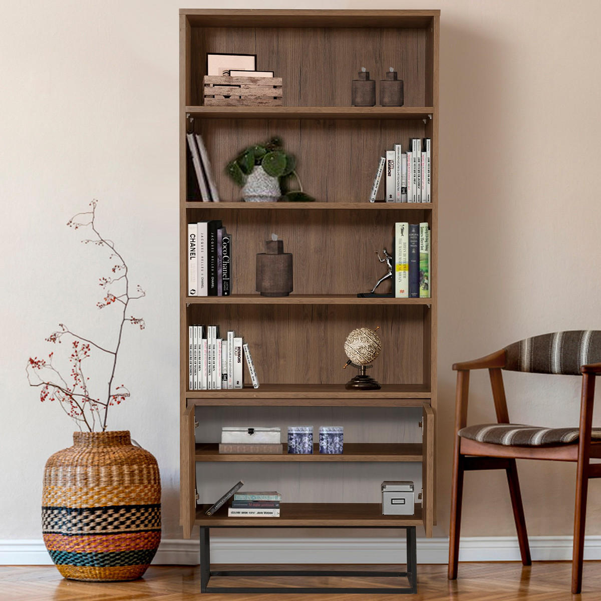 REGAL mit 3 Regalböden und 2 Türen, Nussbaumdekor, H182 cm - Rea - Nussbaumfarben, Holzwerkstoff (36/182/80cm) - Calicosy