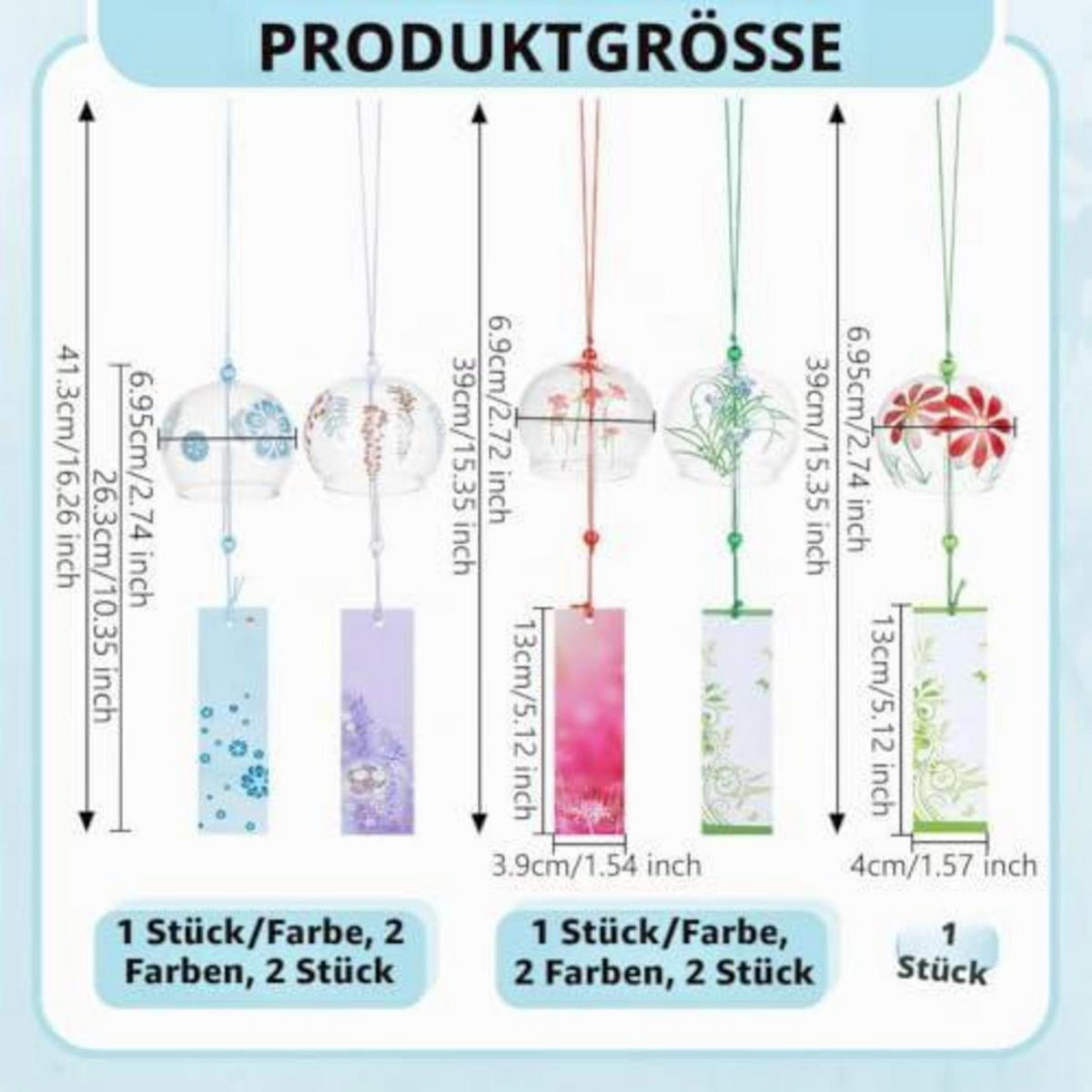 WINDSPIEL 5-teiliges Set Glas Blumenmotiv Japanisch - Multicolor, Glas (41.3/6.9/1cm)