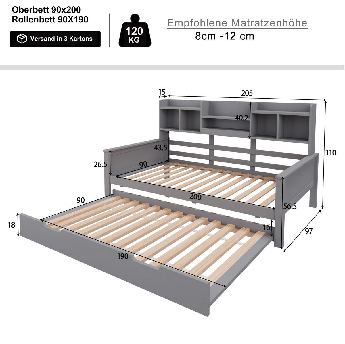 KREVET na izvlačenje od borovine 90x200 cm sivi s pomoćnim ležajem 90x190 cm i spremištem u naslonu - siva, drvni materijal (90/200cm) - Modfu