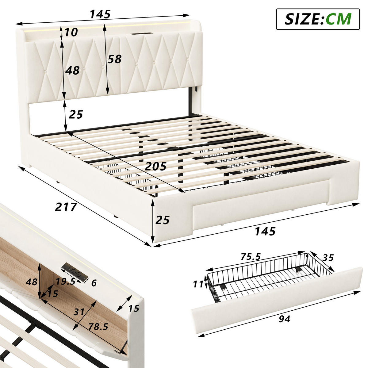 POLSTERBETT 140x200 cm, Beige, mit USB & LED, Doppelbett mit 3 Schubladen, Massivholzbett, Samt - Beige, Textil/Metall (140/200cm)