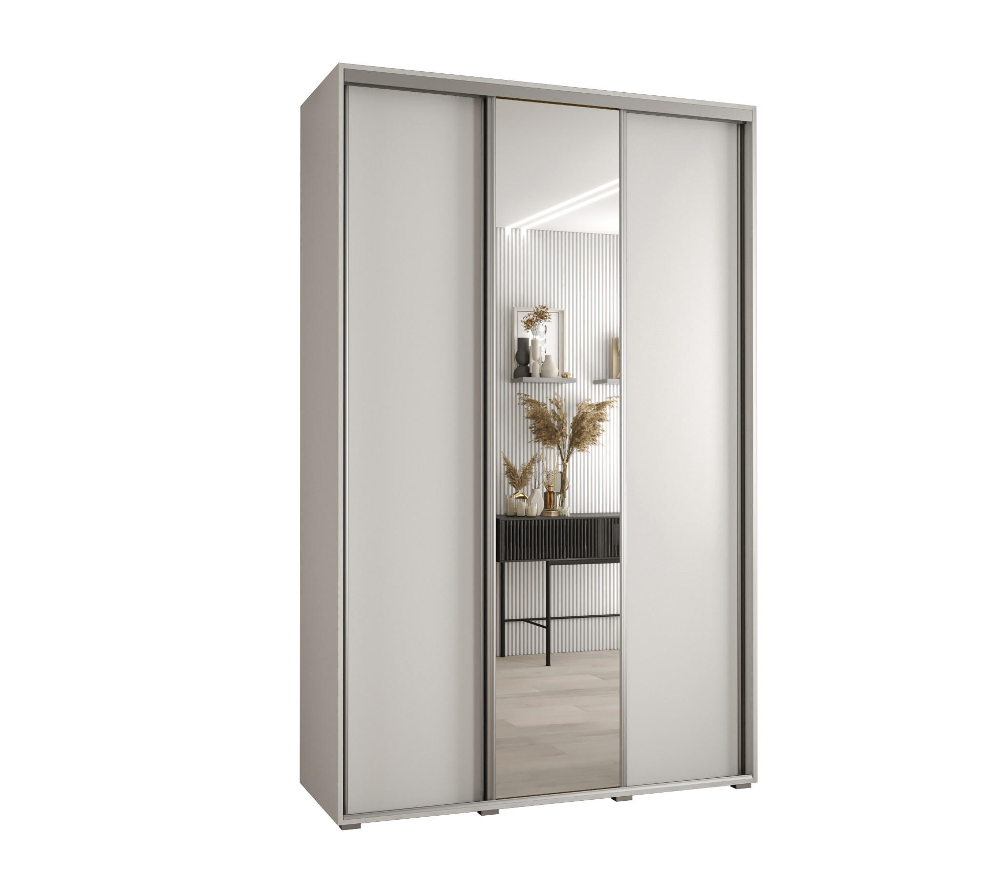 Abiks Möbel Schwebetürenschrank Weiß, Weiß, Silber 160x235x60 cm