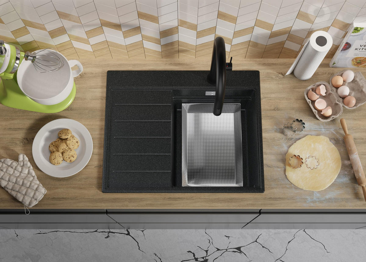 SPÜLBECKEN Sydney, 2-er set Anthrazit 62/50 cm 1 Becken + Ablauf-Set + Küchenzubehörset ab 40er Unterschrank - Chromfarben/Anthrazit, Kunststoff (62/20/50cm) - Primagran