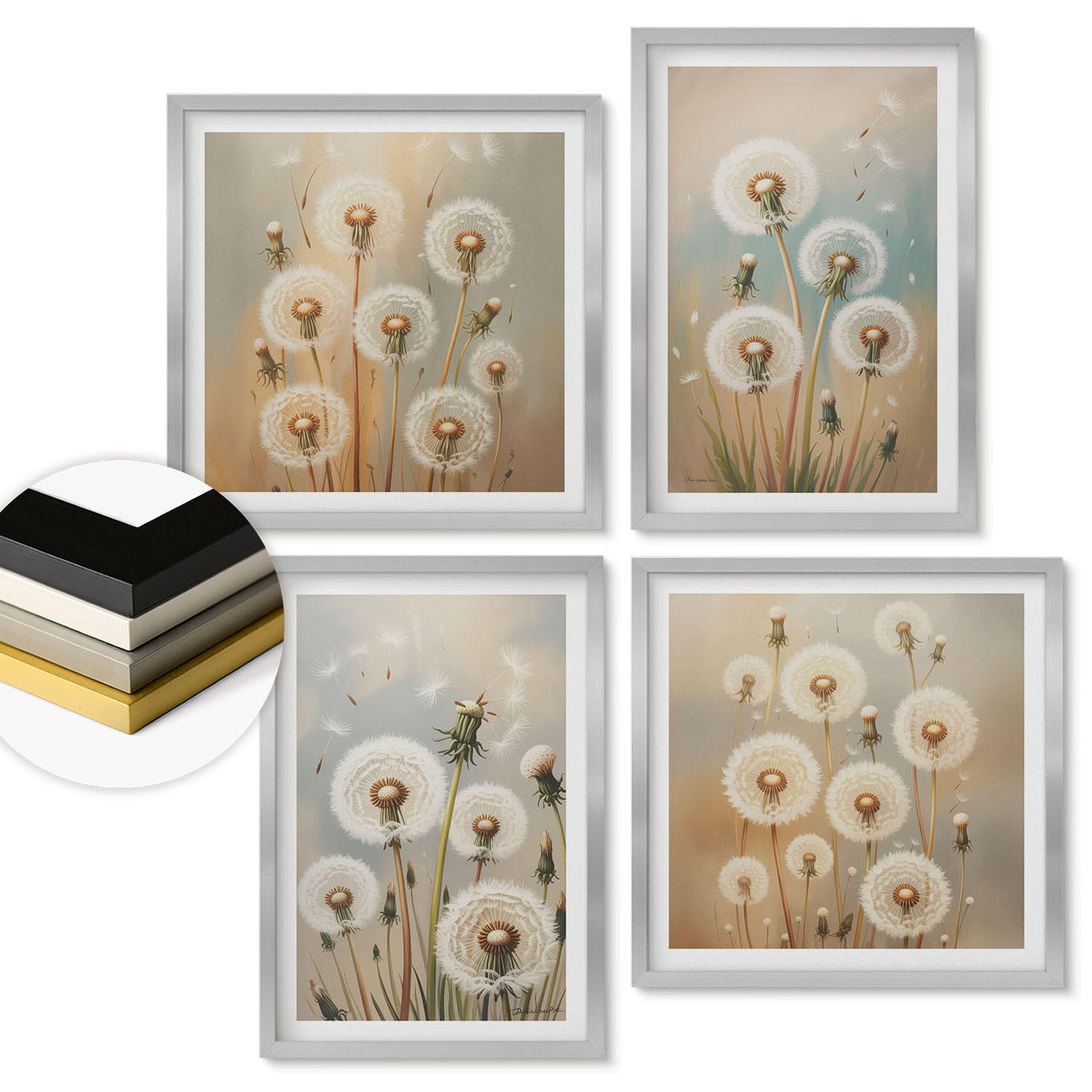 WANDBILDER 4er Set - 50x50 cm & 40x60 cm Silberner Rahmen - Pastellfarbene Löwenzahnblüten - Silberfarben, Kunststoff (50/50cm) - ArtPrintCave
