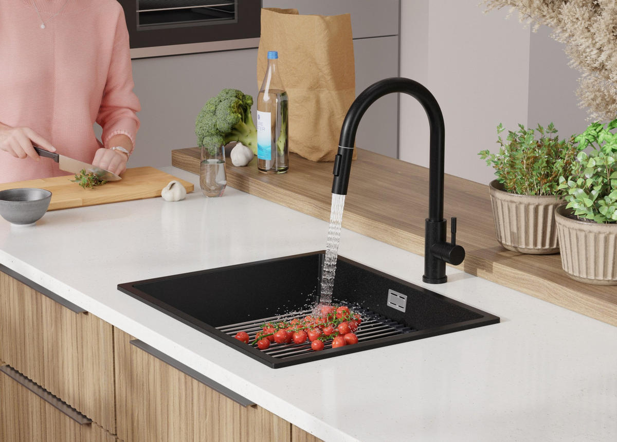 SPÜLBECKEN Praga Slim, 2-er set Alles Schwarz 56/47 cm 1 Becken + Ablauf-Set + Aufrollbare Abtropffläche ab 60er Unterschrank - Schwarz, Kunststoff (56/20/47cm) - Primagran