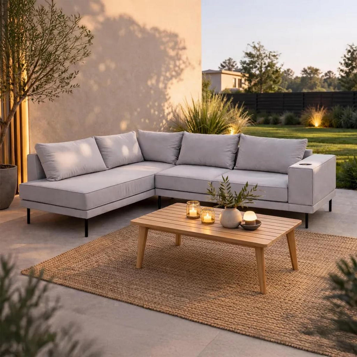 GARTEN-ECKSOFA VOLARO S Wetterfest 270x200x50 cm, Links, Outdoor-Stoff, Getränkehalter aus Metall, 20 cm hohe Füße, Grau - Grau, Holz/Metall (200/50/270cm) - Trada