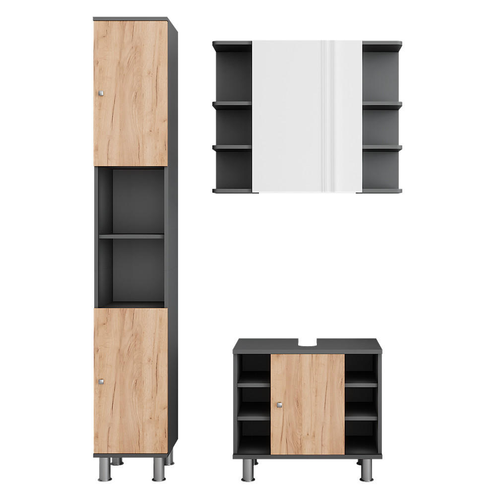BADMÖBEL-SET Fynn Anthrazit/Goldkraft Eiche 3 Teile mit Hochschrank - Honigeiche/Anthrazit, Holzwerkstoff (60/54/32cm) - Vicco
