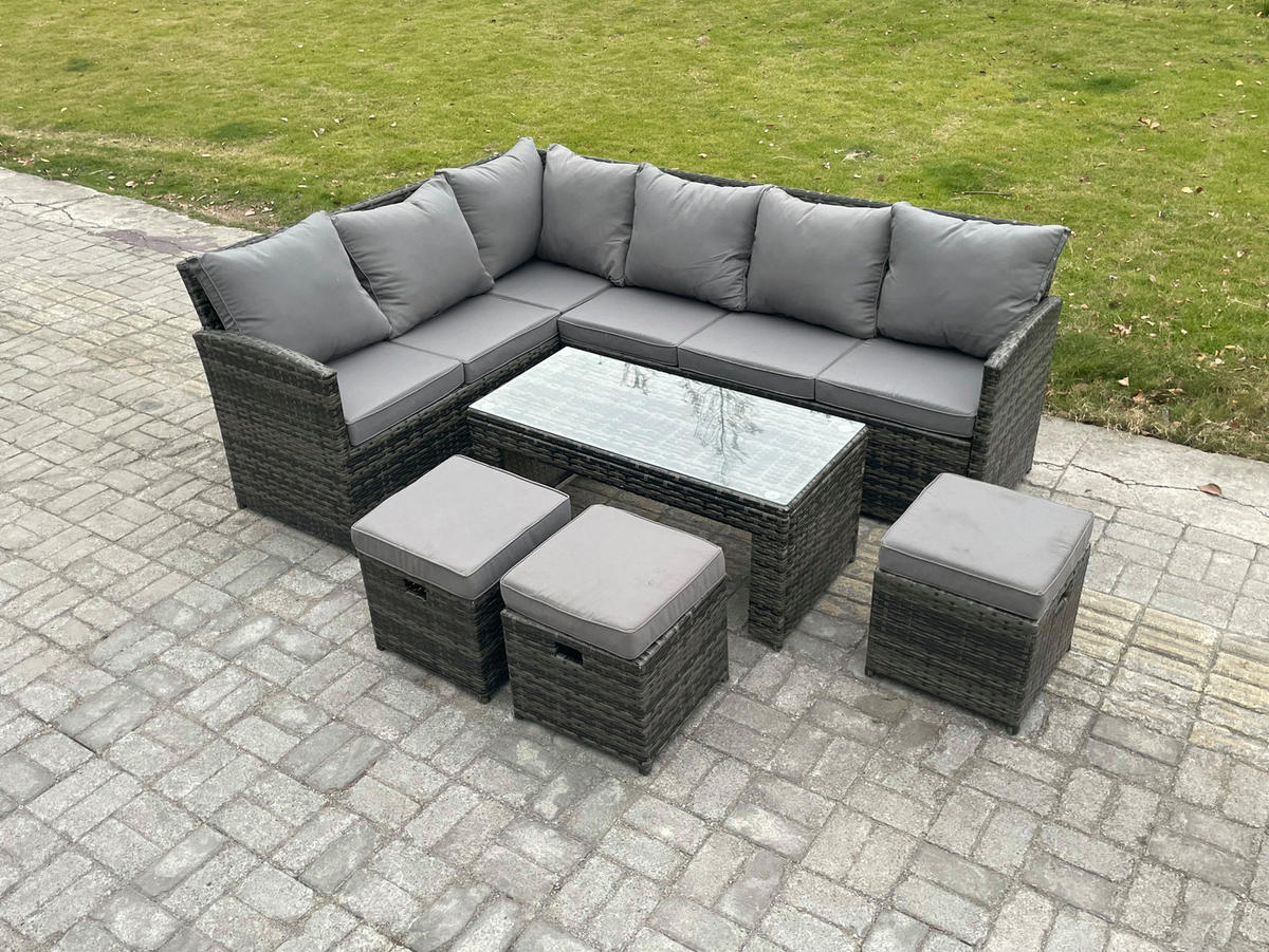 SITZGRUPPE mit Ecksofa,Länglicher Couchtisch,3 Hocker Polyrattan 9-Sitzer - Dunkelgrau/Grau, Glas/Kunststoff - Fimous