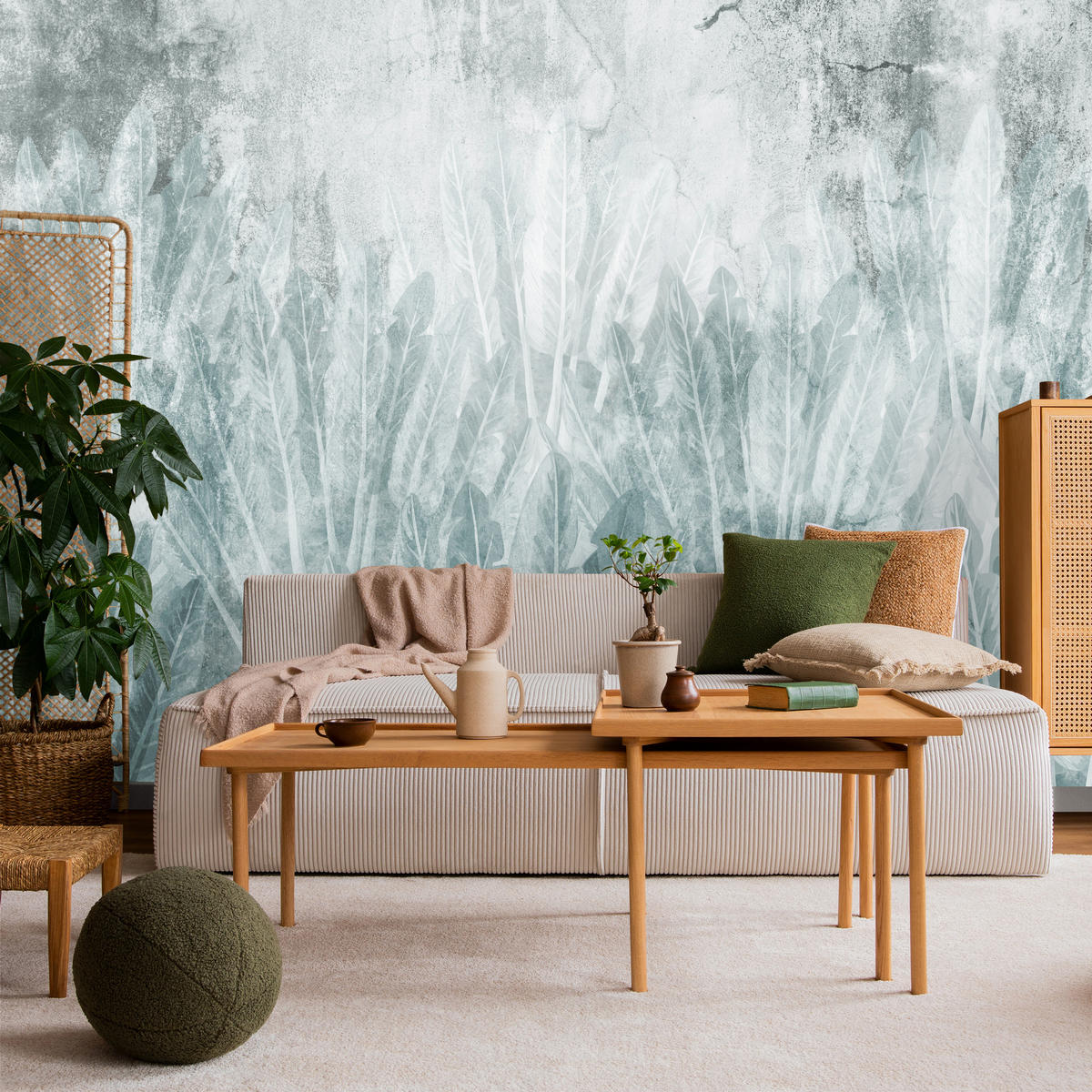 FOTOTAPETE Beton Bananenblätter Retro Grau Abstrakt Pflanzen Vintage 250x175 - Grau, Papier (250/175cm) - Muralo