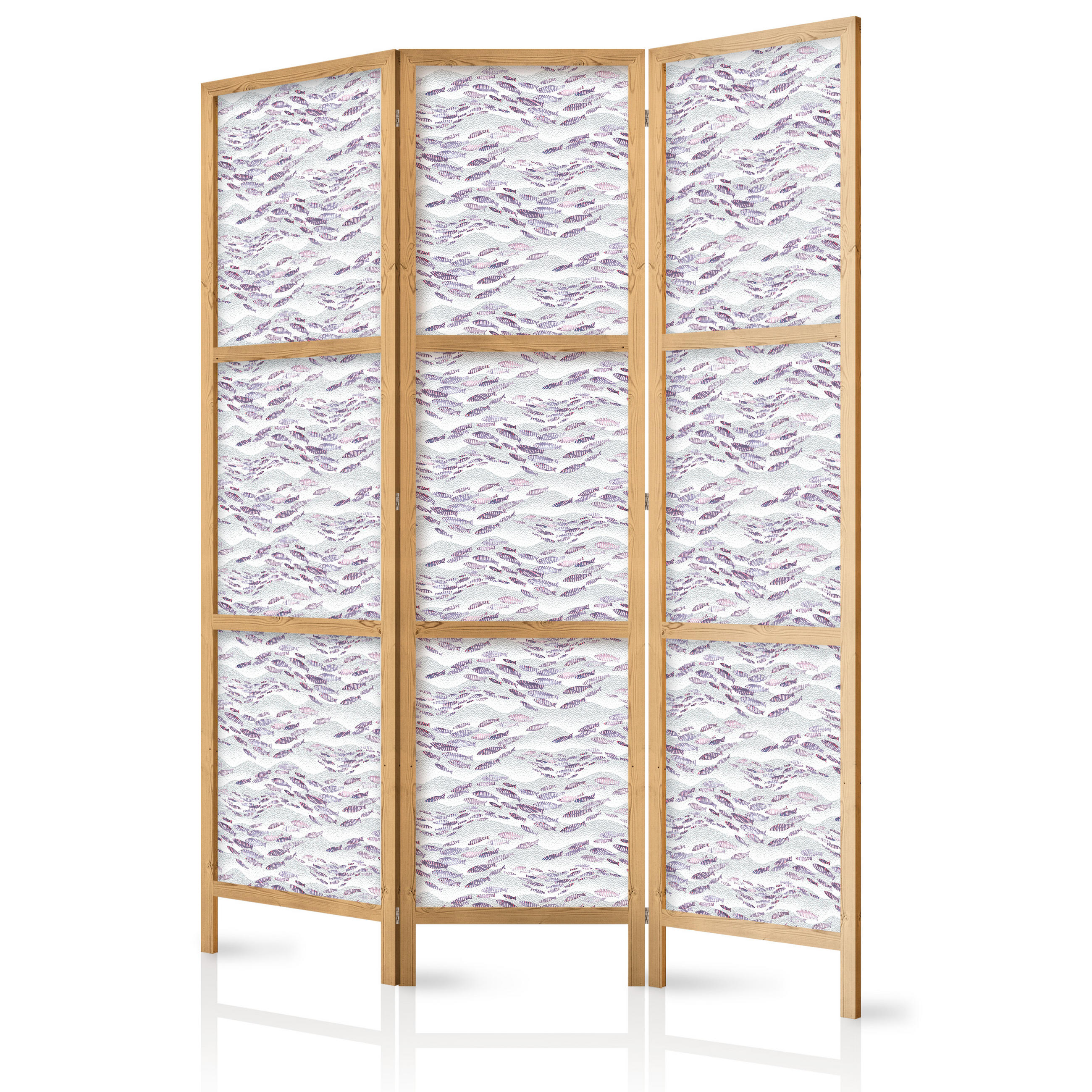 PARAVENT Japanischer 3-tlg 135x172 cm Violette Fische - Lila, Holz/Textil (135/172/3cm) - Muralo
